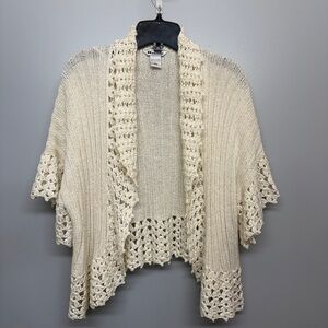 Nygard Collection Crochet Knit Open Front Metallic Ecru Lacy Boho Cardigan